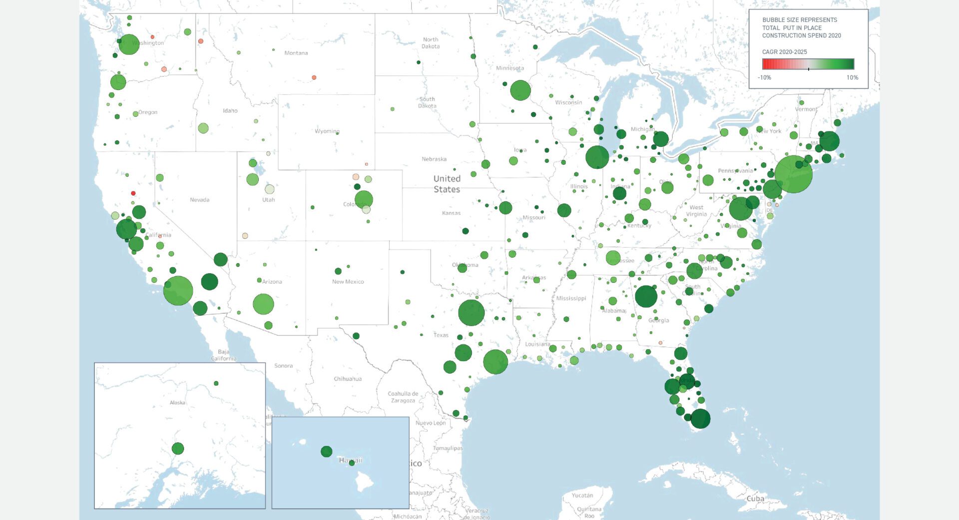 Total Construction Spending - map 2022-construction-industry-economic-outlook-analysis: Total Construction Spending Source: FMI 2022 Engineering and Construction Industry Overview Total Construction Spending Put in Place 2020 and Forecast Growth (2020 through 2025) by Metropolitan Statistical Area.