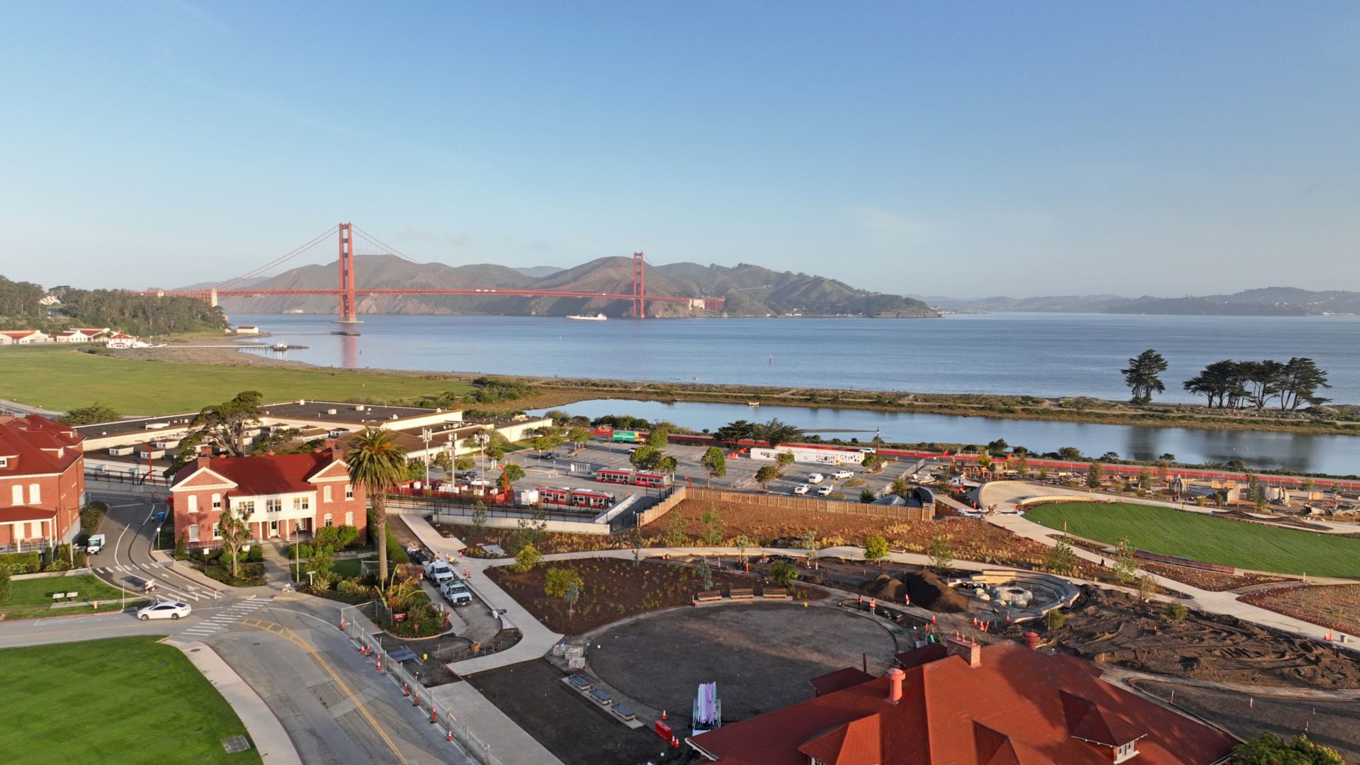Presidio Tunnel Tops Park Drone View Presidio Tunnel tops with golden gate bridge